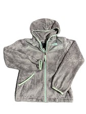 Girls North Face Fleece Gray w/Teal Trim. Hoodie zip Jacket Size Medium 10-12 