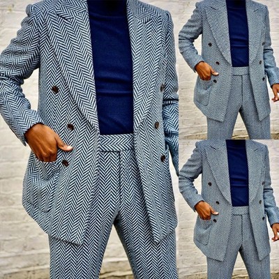 Tweed Men's Suit Winter Warm Wide Peak Lapel Double Breasted Wool Jacket 2Pcs