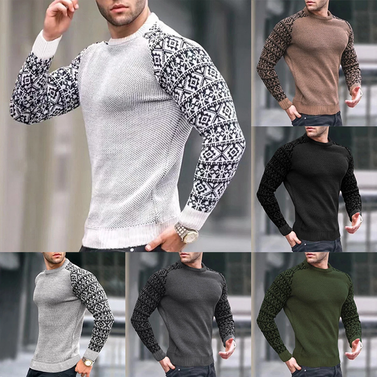 Mens Stylish Print T-Shirts Long Sleeve Casual Tops Round Neck Waffle  Pullovers