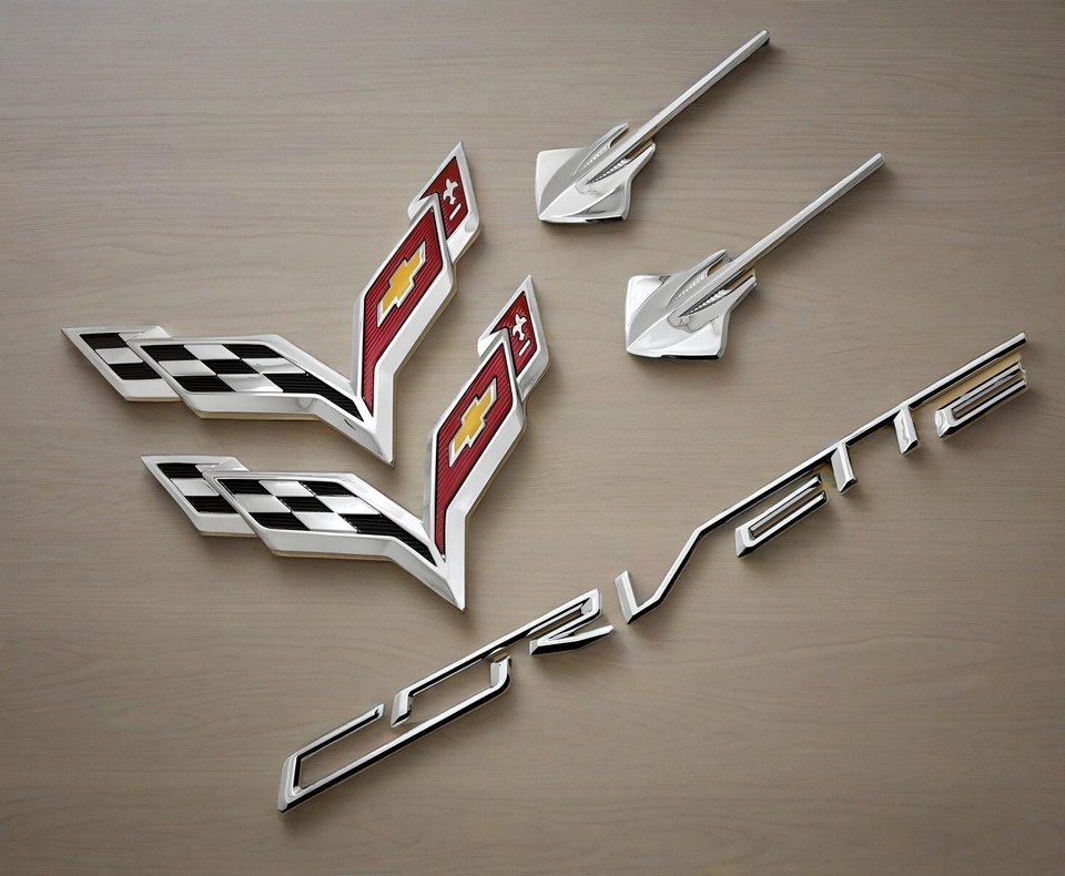 5PC Gloss Black Front Rear Stingray Cross Flags Emblem Kit 2014-2019 Corvette C7 - Foto 2
