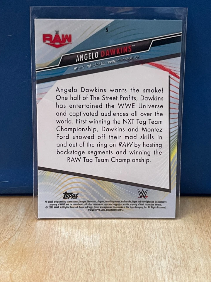 2020 WWE Topps Finest Angelo Dawkins Base #5 wrestling card - Image 2 of 2