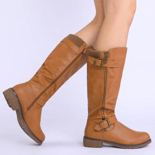 Damen Combat Reitstiefel niedriger Absatz seitlicher Reißverschluss Kniehohe Stiefel - Bild 1 von 13