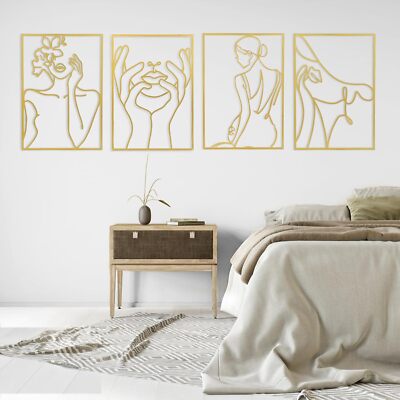 4Pcs Gold Metal Wall Art, Minimalist Wall Decor for Bedroom Aesthetic Modern