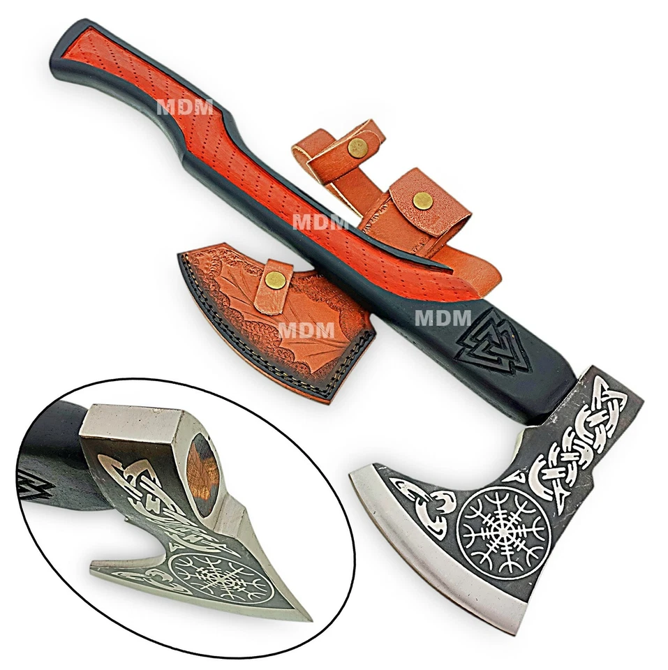 Hacha Vikinga, Hacha de Acero de Alto Carbono Grabada a Mano Personalizada con Funda de Cuero Foto 2 de 4