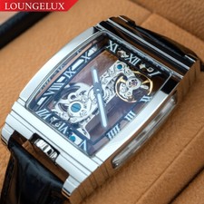 Mens Classic Tonneau Luxury Skeleton Manual Mechanical Leather Watch Silver