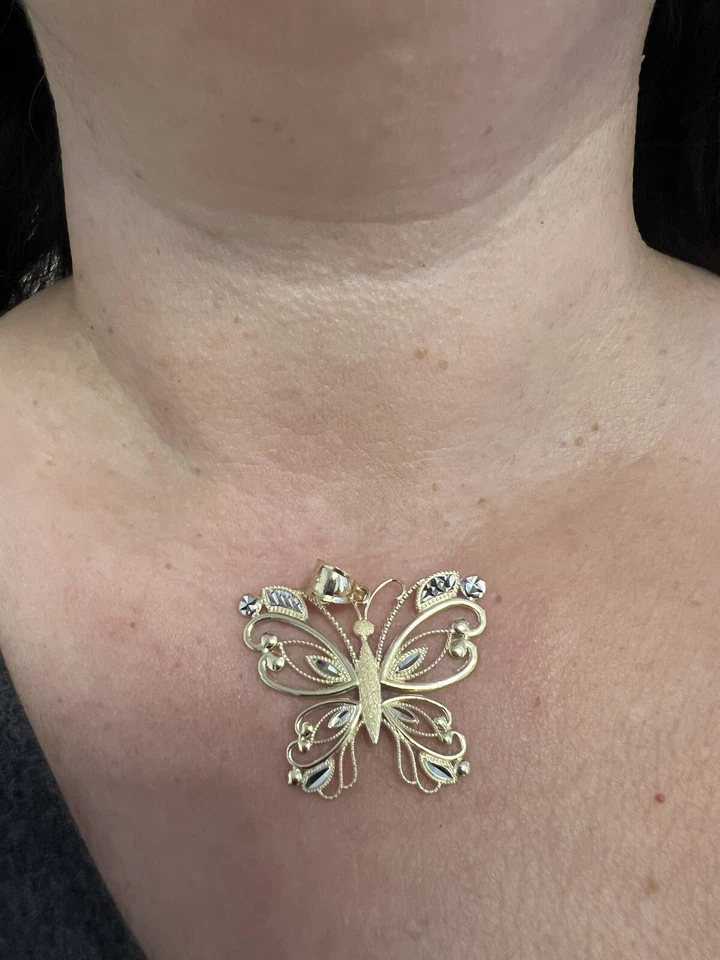 GoLD Mariposa Colgante 14k Sólido Collar Filigran Amarillo Blanco Regalo 1.35” Grande Foto 2 de 4
