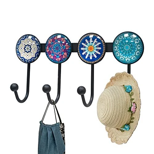 Banllis Coat Rack Wall Mounted with 4 Hooks Round Blue Pattern