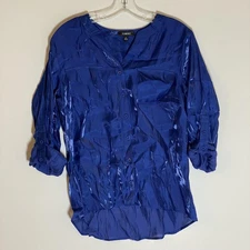 Elementz Top Womens Medium Blue Iridescent Roll Tab Button Up Shirt Sparkle Glam