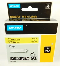 Dymo Rhino 18432 Yellow Vinyl Tape 1/2" Black Text on Yellow - 18 Feet