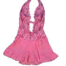 Vintage Frederick  s of Hollywood Pink Lace Halter Babydoll Teddy - Size L