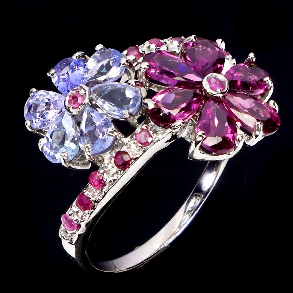 Anillo de plata de ley 925 pera rodolita rubí tanzanita piedras preciosas naturales talla 7 Foto 2 de 4