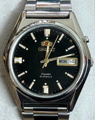 Orient Crystal Automatic 21 Jewels Day/Date Black Dial Steel Watch Japan made - Image 1 of 4