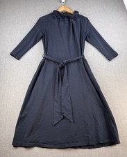 eShakti Dress Womens Medium 8 Navy Blue Midi Fit Flare Tie Waist Pockets