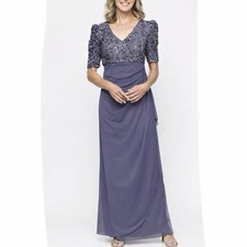 Alex Evenings Purple Sequin Short Sleeve Cascade Chiffon Dress Size 8 PETITE