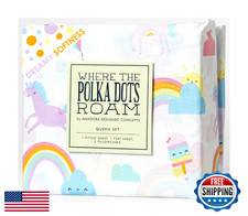 Where The Polka Dots Roam Rainbow and Unicorn 4 Pieces Queen Bed Sheet Set Supe