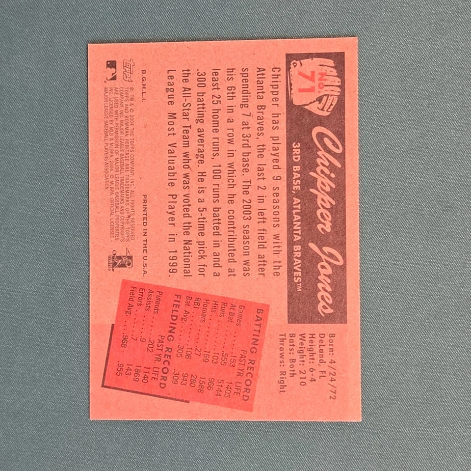 Chipper Jones Atlanta Braves HOFer 2004 Bowman Heritage #71 - Image 2 of 2