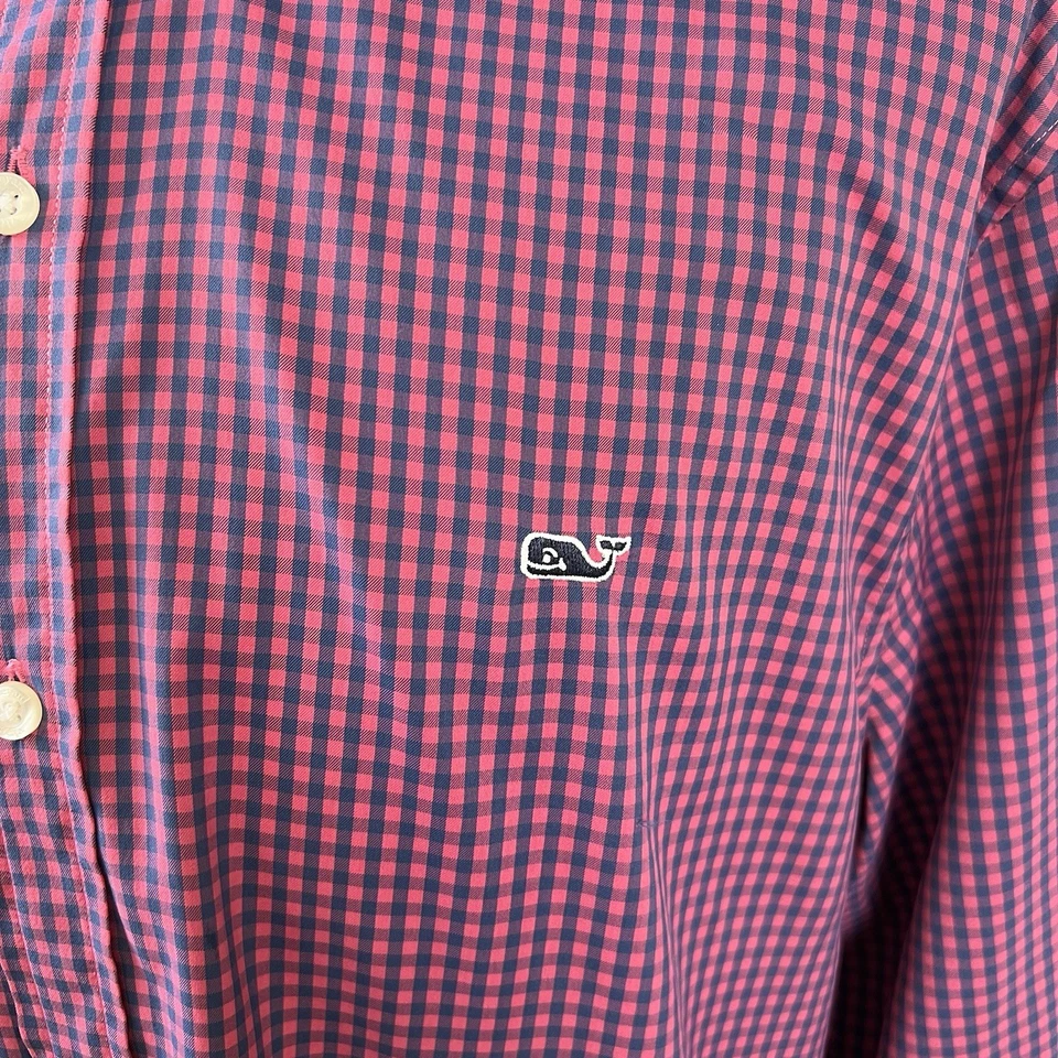 Vineyard Vines Long Sleeve Button Down Whale Shirt Pink/Blue Gingham Men's XL - Image 2 of 4
