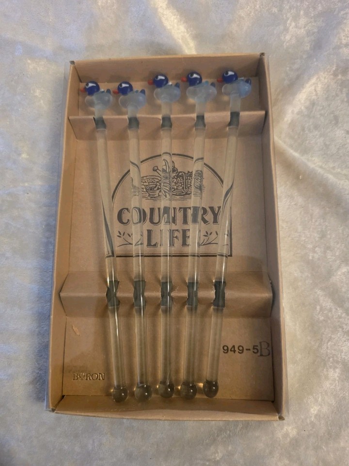 Vintage Set of 5 Glass Swizzle Sticks Drink Stirrers Blue Ducks Motif 8" NEW