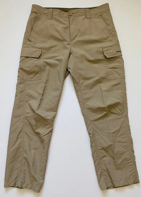 Mens Eddie Bauer Travex Lightweight Nylon Khaki Cargo Pants 34 29 Travel Hiking