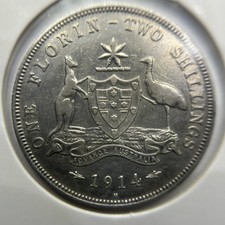 1914 h Florin Coin - about Very Fine - Key Date George V Silver Predecimal