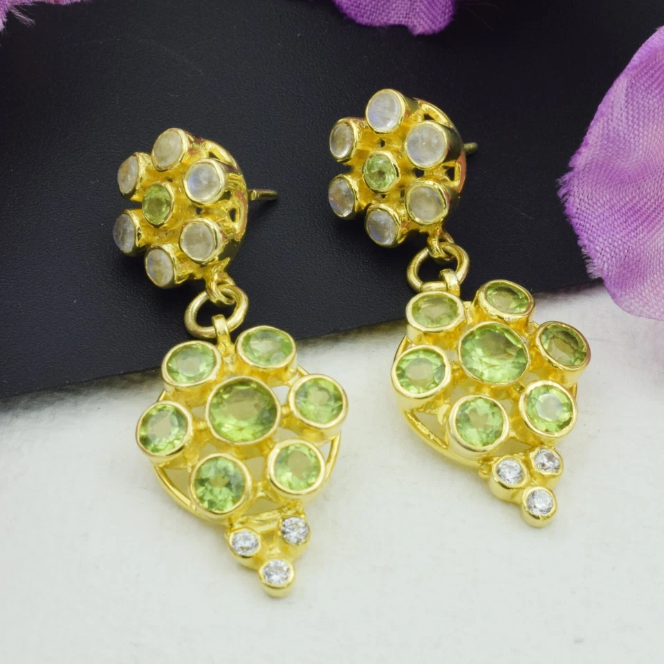 Orecchini pendenti con pietre di luna placcate in argento sterling con... - Immagine 4 di 4