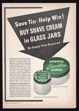 1942 Mennen Brushless Shave Cream Save Tin Help Win Buy Glass Jars Print Ad Vtg