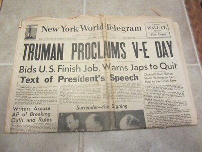New York World Telegram Newspaper May 8 1945 Truman Proclaims V-E Day