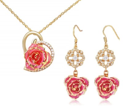 Pink 24K Gold Dipped Real Rose Rhinestone Dangle Earrings Heart Pendant  Set
