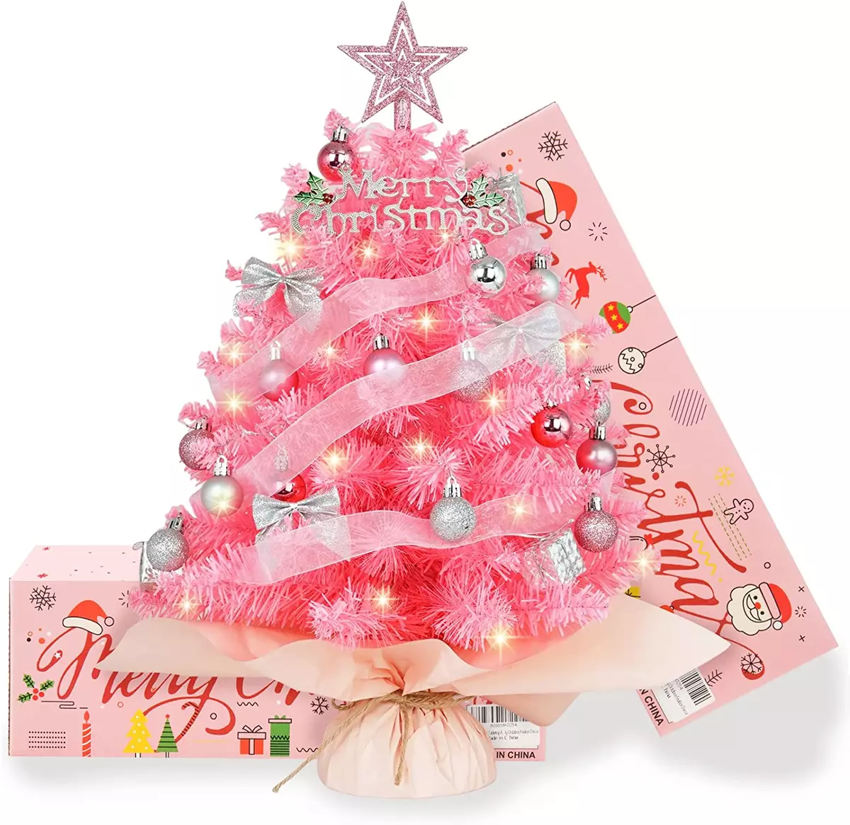 20 Inch Mini Pink Christmas Tree with Lights Artificial Small