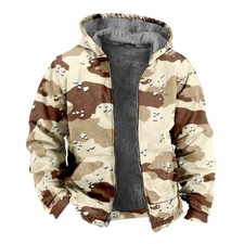 Mens Beige Camouflage Fleece Lined Hoodie Sweater Camo Winter Zip Jacket Soft
