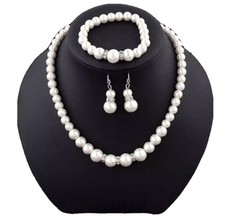 FAUX PEARL NECKLACE EARRING BRACELET SET WEDDING BRIDAL JEWELLERY