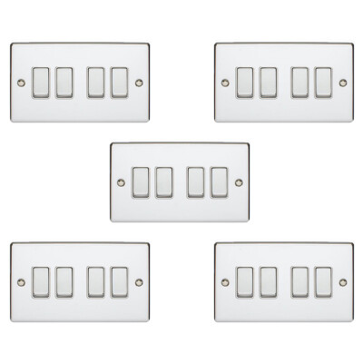 5er Pack 4 Gang Metall Quad Lichtschalter POLIERT CHROM 2 Wege 10A weiße Blende