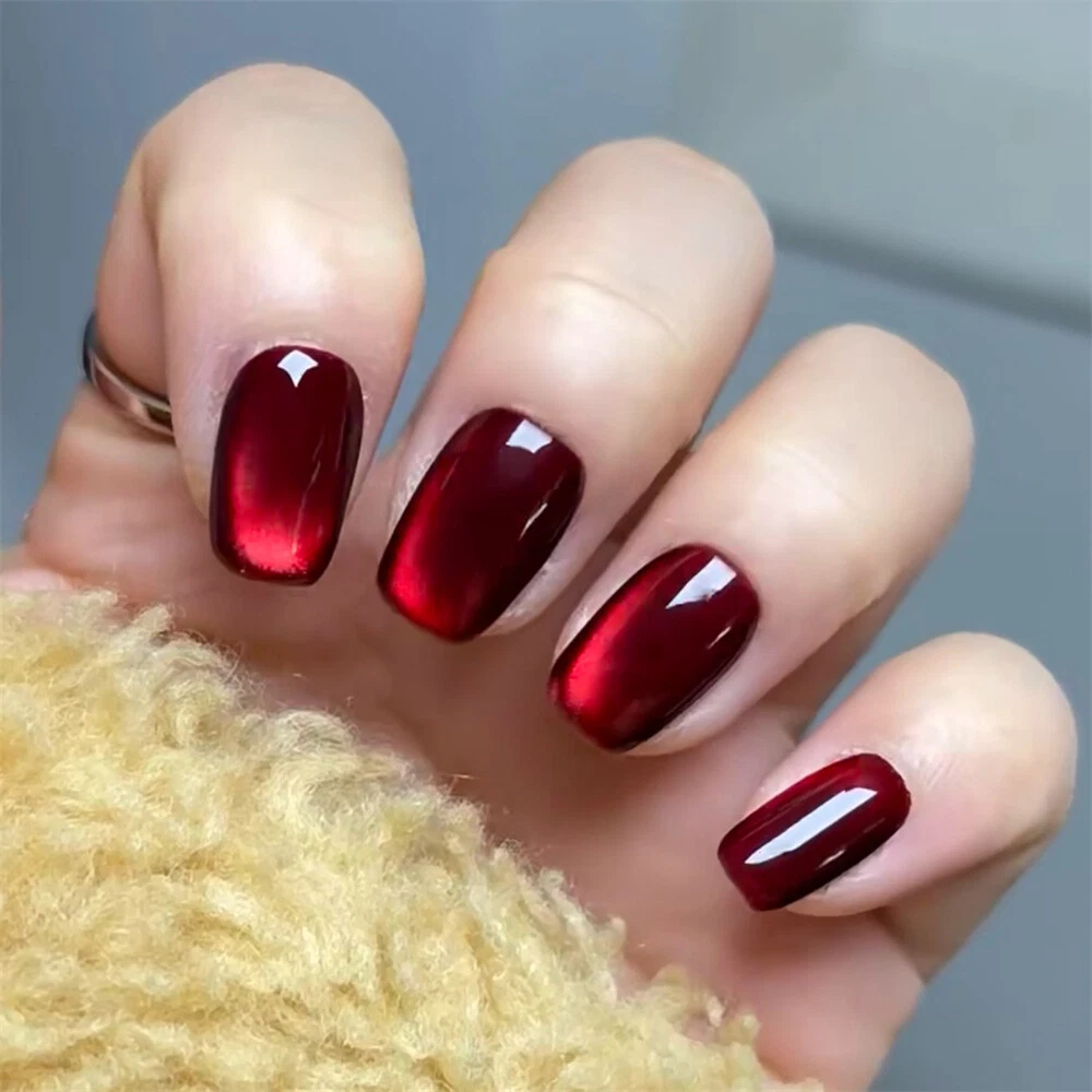 Cherry Red Cat Eye False Nail Short Square Press on Nails for Nail Art 24pcs