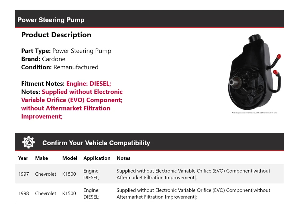 Bomba de direção hidráulica Cardone para 1997-1998 Chevrolet K1500 DIESEL - Imagem 2 de 4