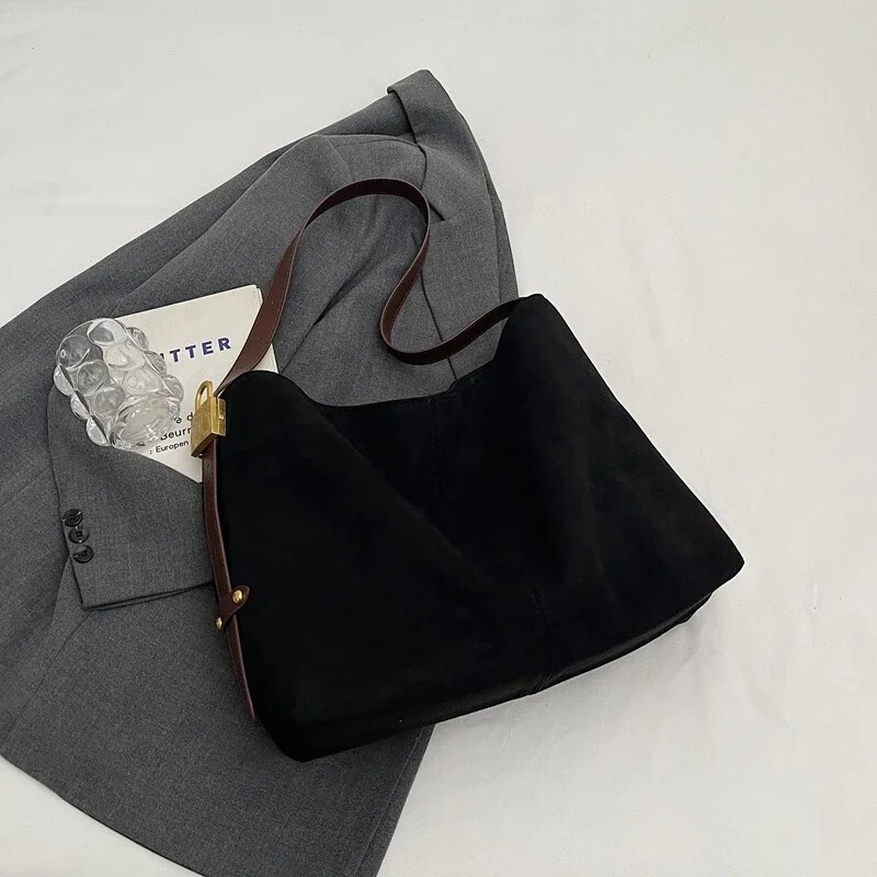 Large Suede Leather Shoulder Bags Women Snap Lock Adjustable Strap