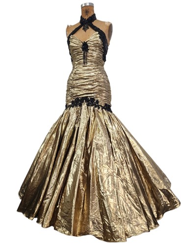 Vtg 80s Prom Dress XS Mermaid Gold Lame Halter Metallic Ruched Pageant Gown - Picture 6 of 19