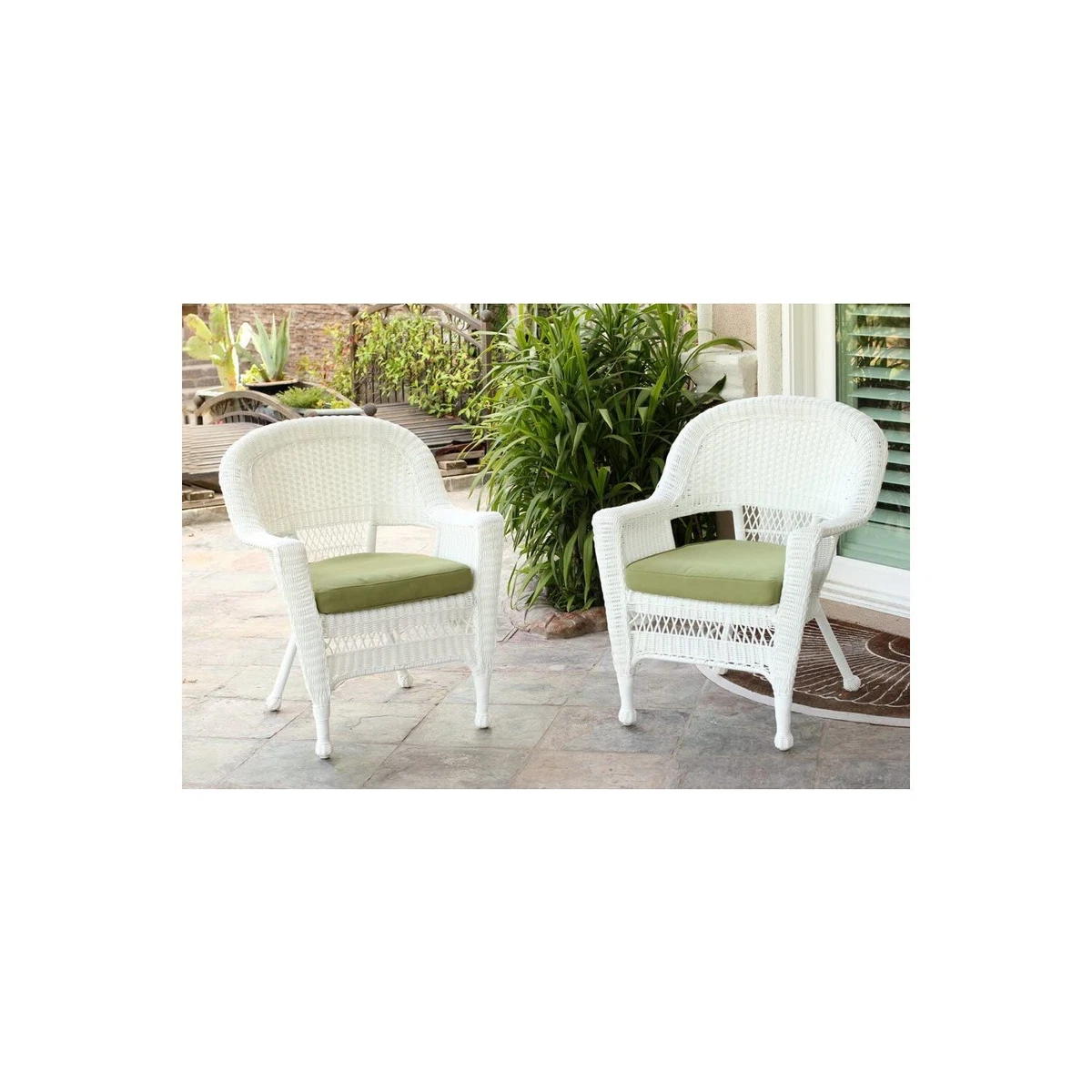 White Wicker Chair with Green Cushion Set of 2 eBay