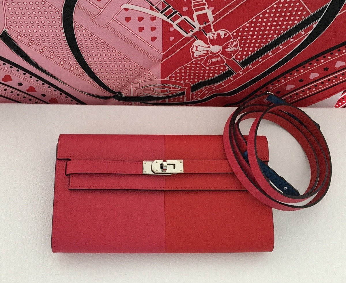 Hermes Kelly To Go Bag Wallet Tri Color Rouge Casaque Rose Blue 
