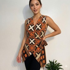 VENUS Orange and Cream Geometric Sleeveless Wrap Tunic, Large, Made in USA