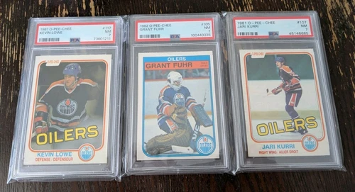 1981-82 OPC #107 Jari Kurri #117 Kevin Lowe rookie 1982-83 Grant Fuhr PSA 7 NM