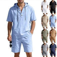 Mens Linen 2 Piece Set Hooded Outfit Loose Fit Summer Casual Shirt Shorts