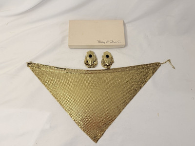 Old Vtg Whiting & Davis Gold Mesh Cowl Necklace With Pair Earrings Original Box