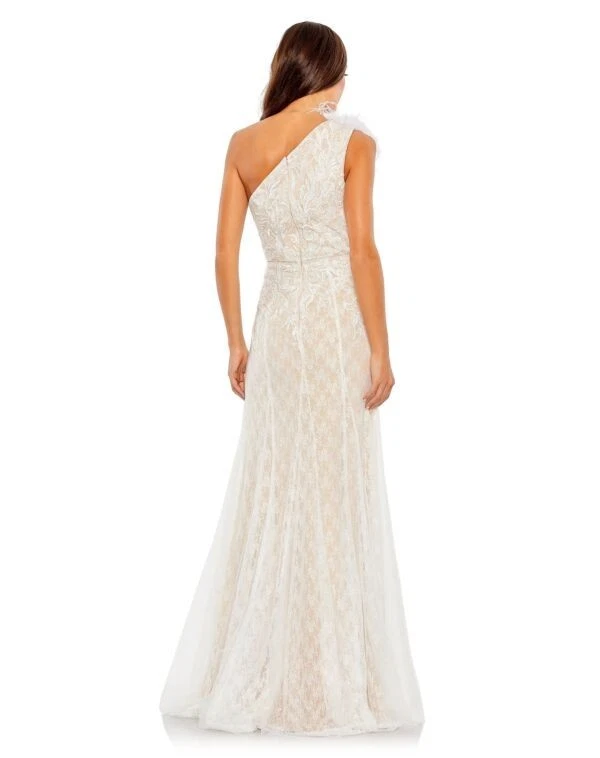 NWT MAC DUGGAL 11317 Ostrich Feather & Lace One Shoulder Gown Size 4 White Ivory - Image 3 of 4