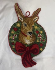 VTG Christmas Reindeer Handmade Needlepoint Wall Door Hanging With Back Pocket