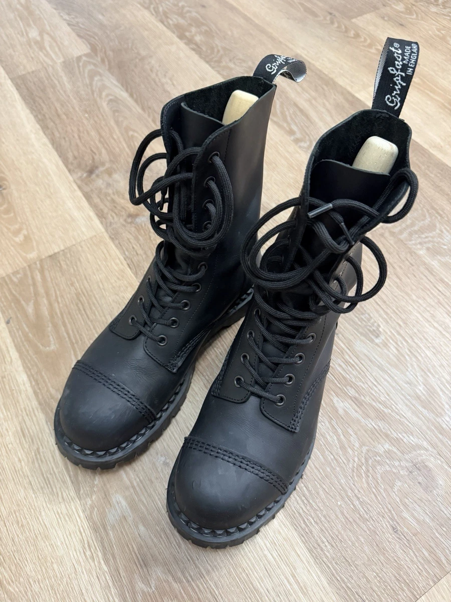 イングランド製　gripfast　グリップファースト　スチールトゥ/ロングブーツ　size24.0-24.5-25.0程度〈黒/BLACK/ブラック〉レースアップ/ロック系　管No.WM16 スクエアトゥレザーチャンキーヒールロングブーツ[zr1024