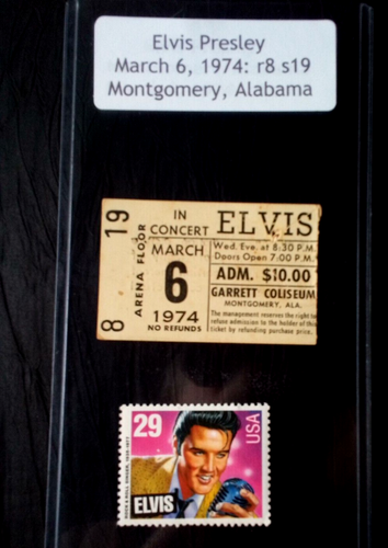 1974 Elvis Presley BIGLIETTO STUB - Montgomery, Ala - 6 marzo 1974 + FRANCOBOLLO Elvis 29 centesimi - Foto 1 di 9
