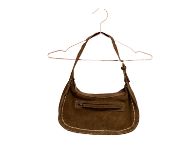 ECCO -Suede Leather Zip Top Small Hobo Shoulder Bag, Tan Brown