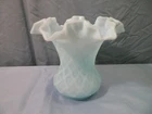 Fenton Opalescent Satin Blue Glass Diamond Optic Ruffled Vase 6 1/8" Tall INV2