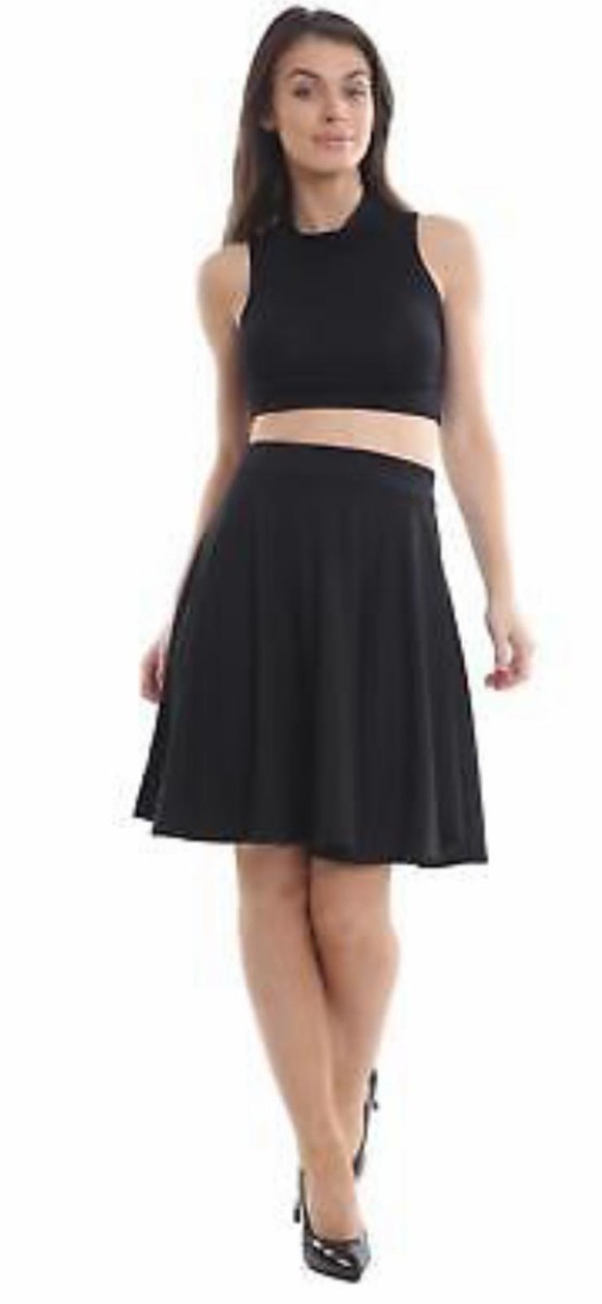 Ladies Plain Knee Length Elasticated Waist Flared Skater Swing Jersey Midi  Skirt