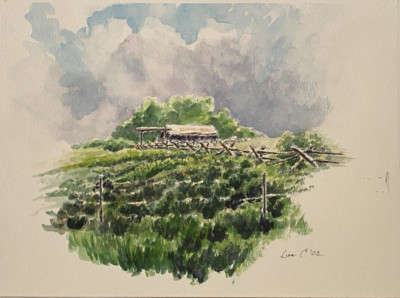 LINN C 2002  IMPRESSIONIST RURAL VIGNETTE LANDSCAPE WATERCOLOR PAINTING